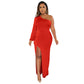 Women's Autumn Oblique Shoulder Lantern Sleeve Solid Color Slim Fit Dress