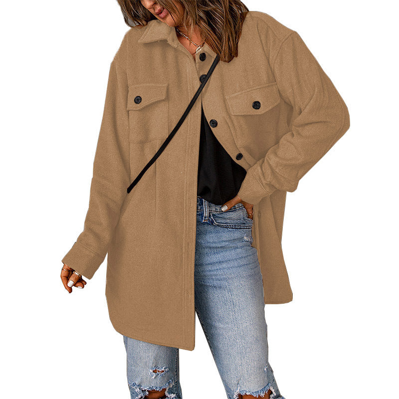 Women's Corduroy Solid Color Single Breasted Casual Lapel Woolen Jacket
