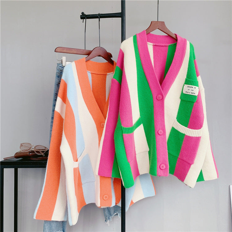 Striped Colorblock Knitted Cardigan Women's New Loose Sweater Coat