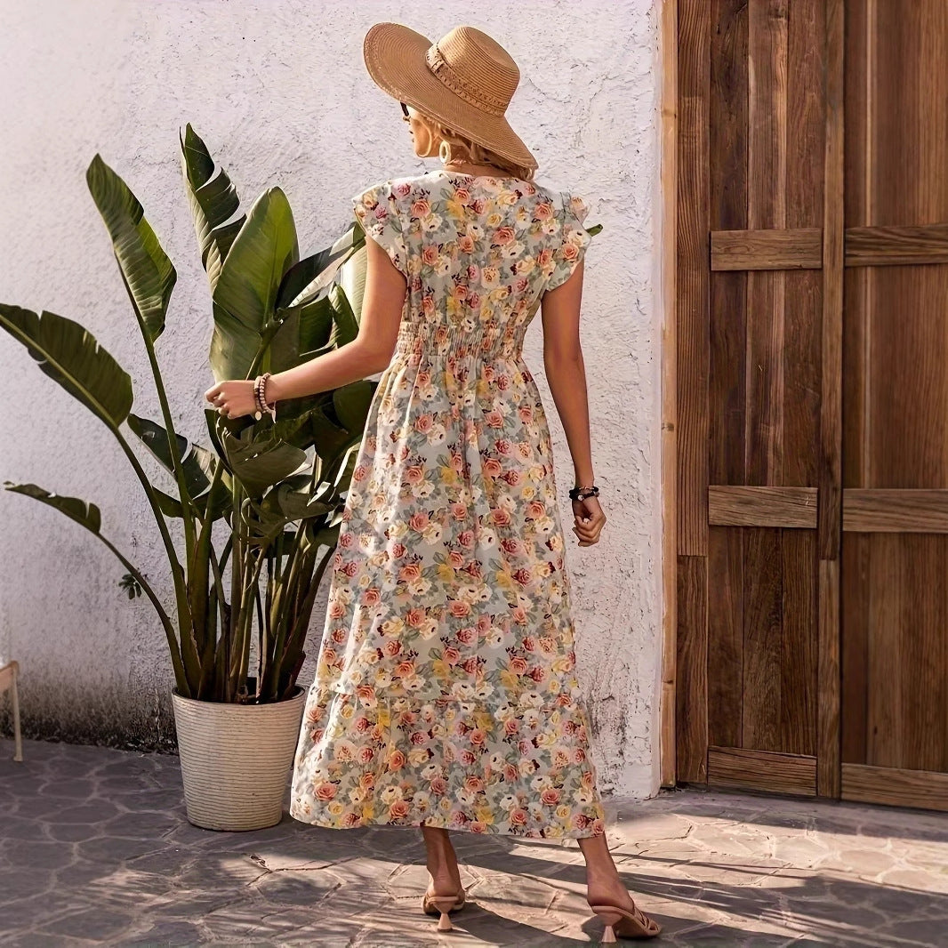 Elegant Printed Floral V-Neck Short-Sleeve Waist-Cinching Dress