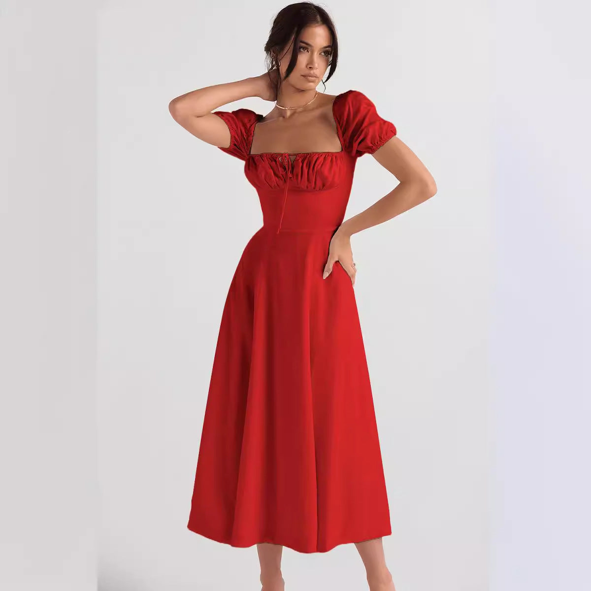 Womens Slimming Elegant Puff-Sleeve Lace-Up Short-Sleeve Dress