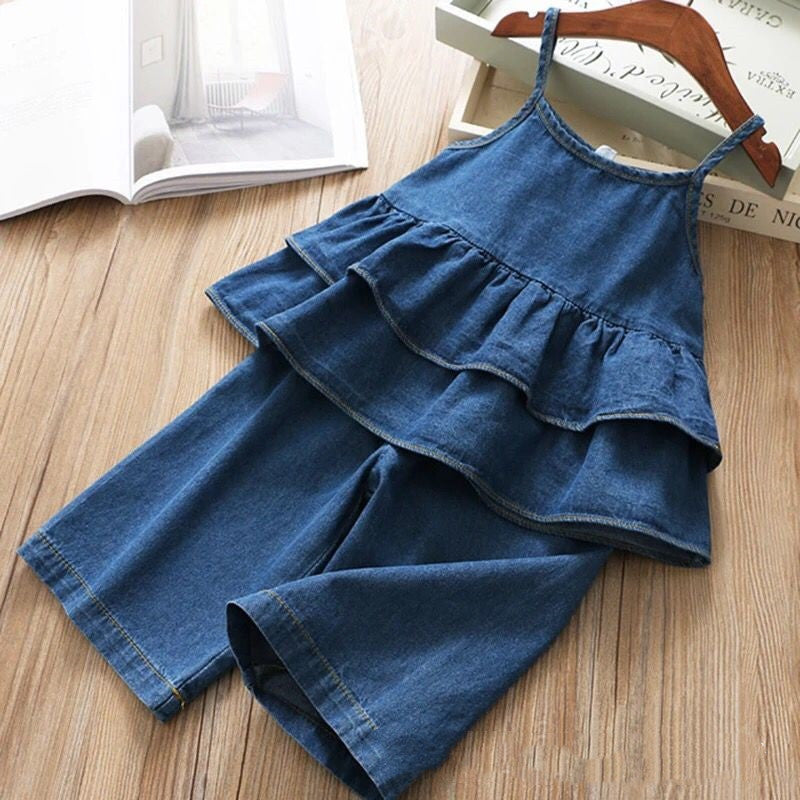 Denim Suspender Top And Shorts Suit