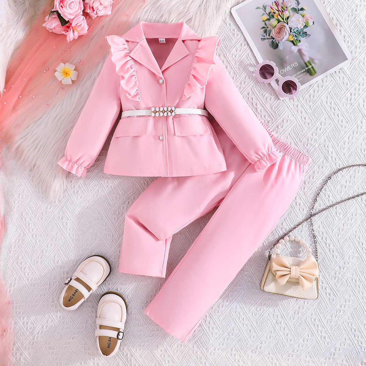 Girls' Long-sleeved White Belt Top Ruffled Blazer Trousers Three Pieces