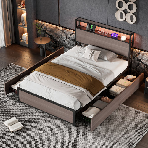 Metal Bed, 3FT Single Bed 90x190cm, With LED Light Strip And 4 Drawerss, 2 USB Port 1 Type C, Durable And Sturdy, Youth Bed, For Adults  Teenagers, Multifunctional Bed, Wrought Iron Bed, Grey