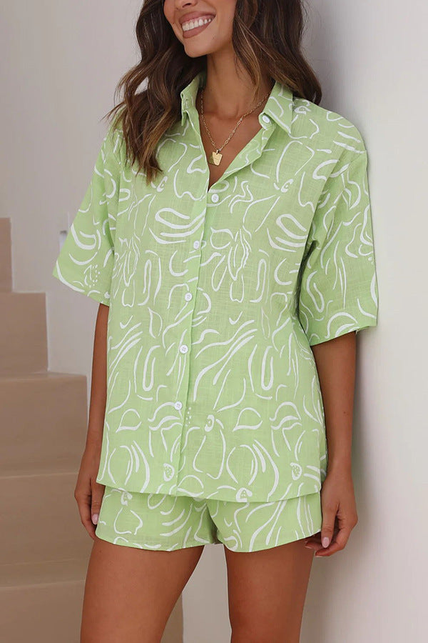Casual Shirt Short Sleeve Cardigan Printed Home Two-piece Set