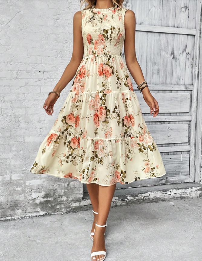 Sleeveless Round Neck Smocking Dress High Waist Slimming Design