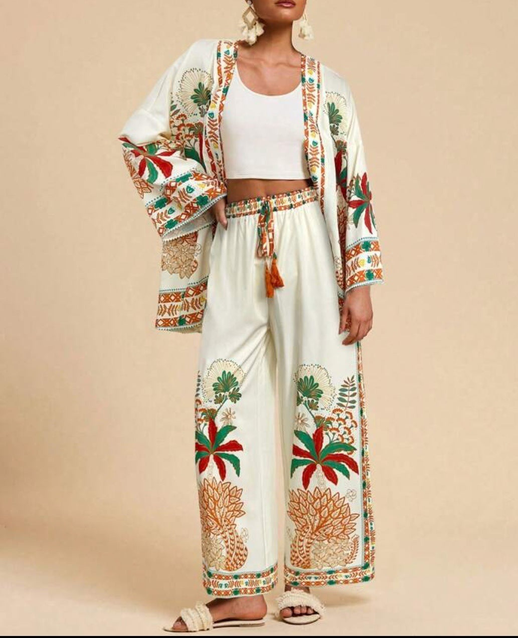 Fashion Vacation Style Printed Cardigan Long Sleeve Wide Leg Pants Two-piece Set