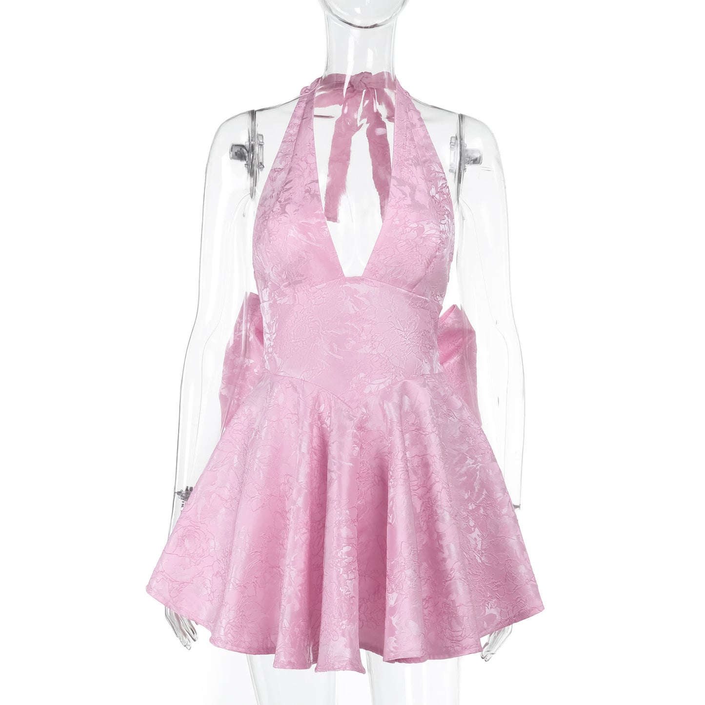Slim-fit Jacquard Halter Bow Dress Women