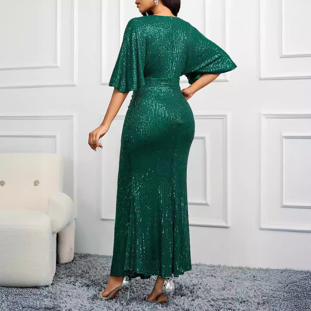 High Waist V-neck Pure Color Sequins Shoulder Sleeve Dress Women's Long Formal Dress