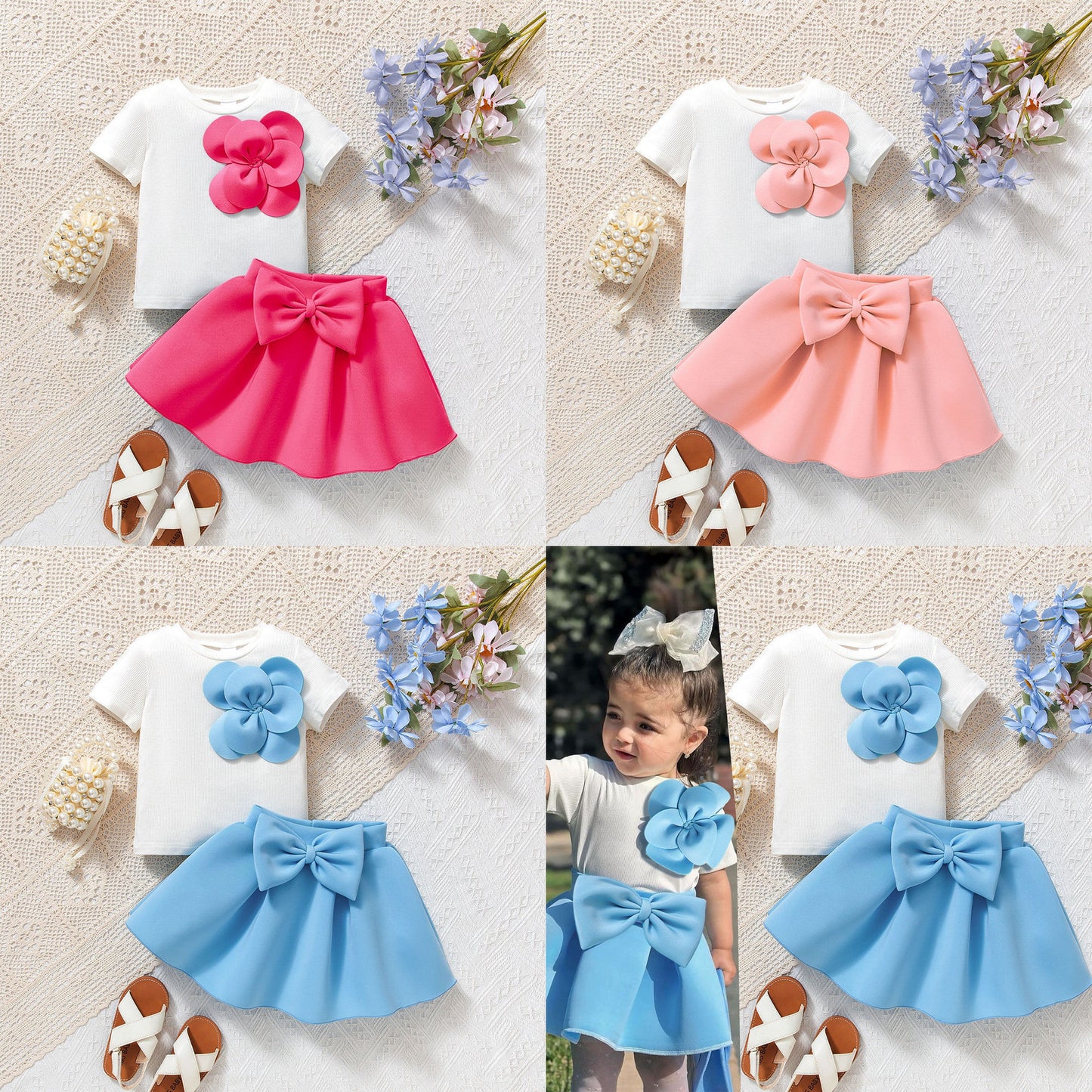 Flower Short Sleeves With Bow Puff Skirt Set