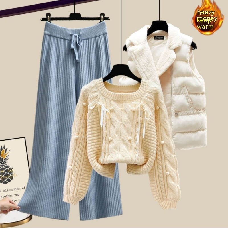 Ensemble trois pièces pour femme, gilet, pull épais, pantalon large