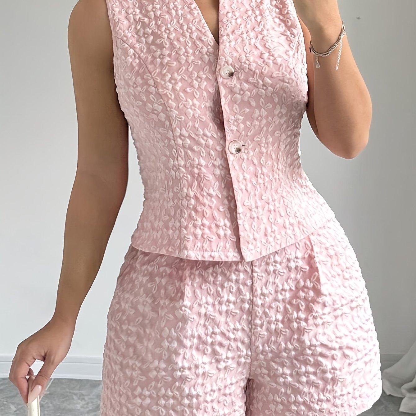 European And American Size Women's Elegant Solid Color Jacquard Sleeveless Vest And Shorts Two-piece Set