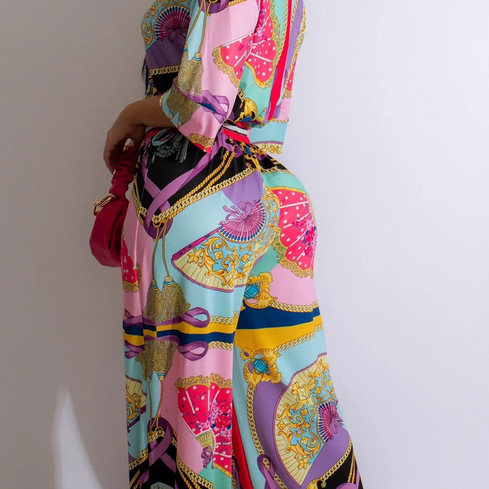 Costume à manches courtes imprimé à motif éventail