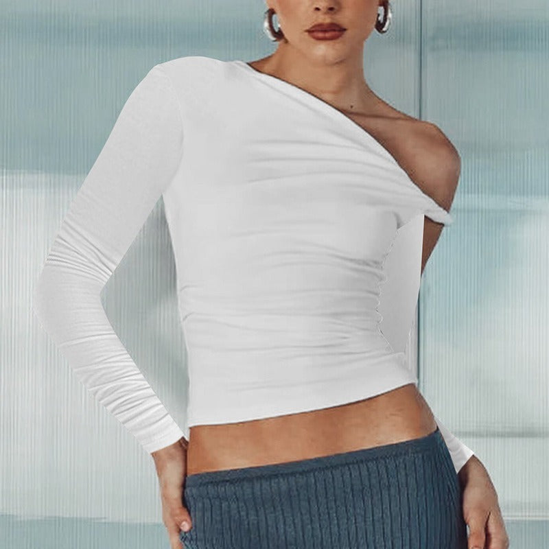 Diagonal Collar Pleated Asymmetric Long-sleeved Top For Women