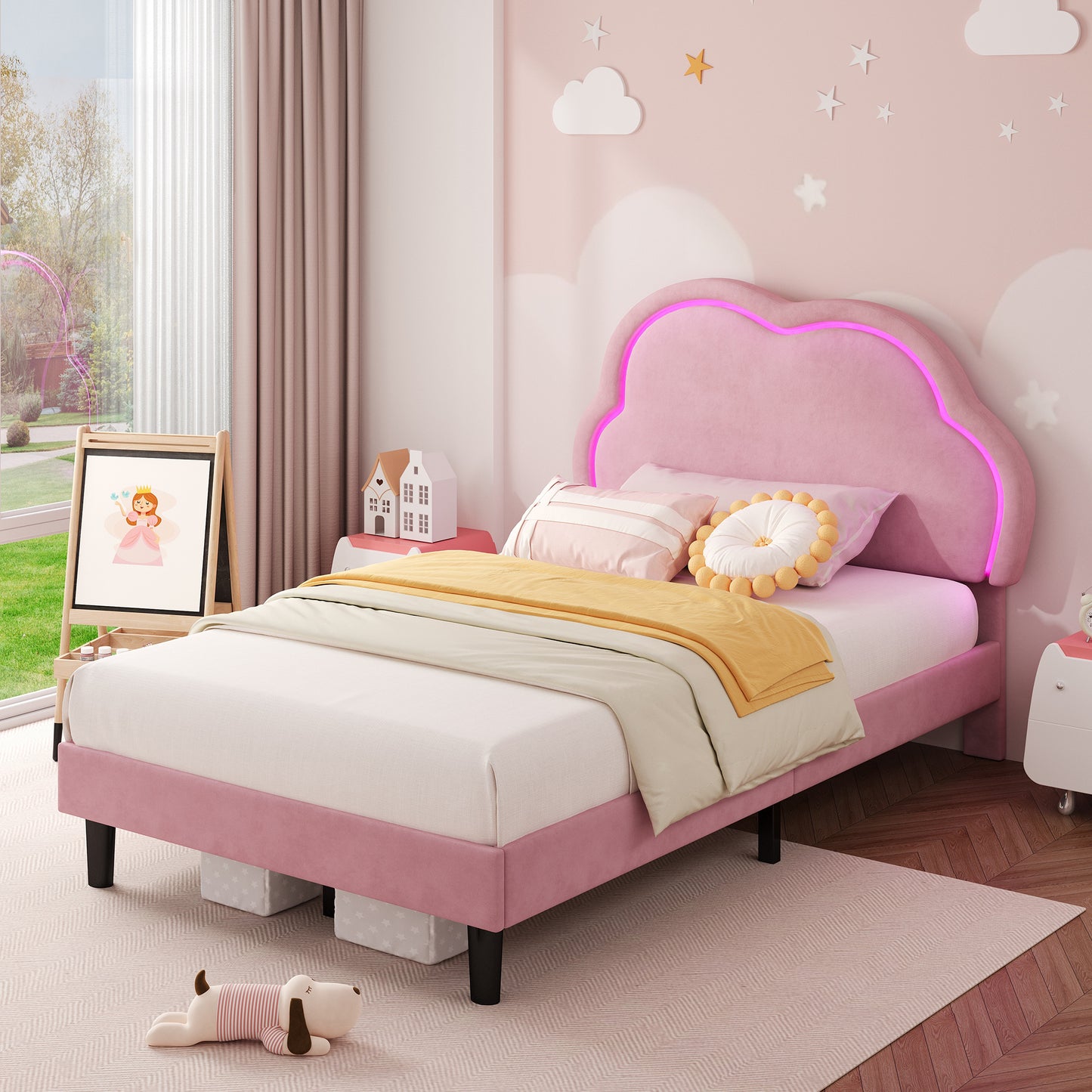 3ft Single Upholstered Bed With LED Adjustable Cute Cloud Headboard, Soft Velvet Bed Frame With Solid Wood Slat, No Box Spring Needed, Easy Assembly,