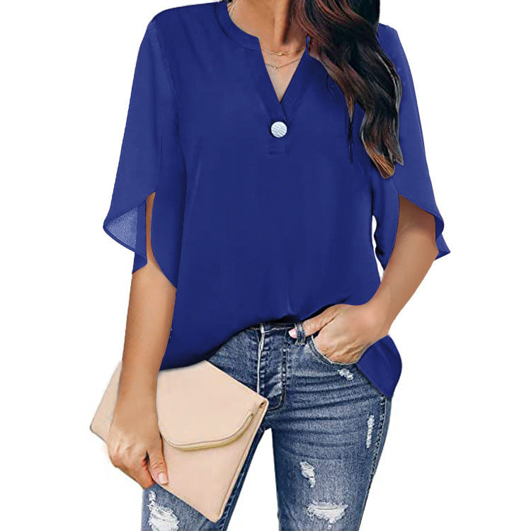 Women's Short Sleeve Elegant Casual Solid Color V-Neck Chiffon Shirt