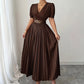 Cross V-Neck Defined Waist Slimming Puff Sleeve Patchwork Pleated Dress For Women