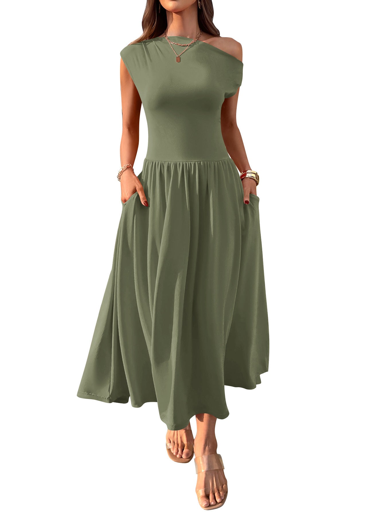 Slant Shoulder Waist Trimming Long With Pocket Dress