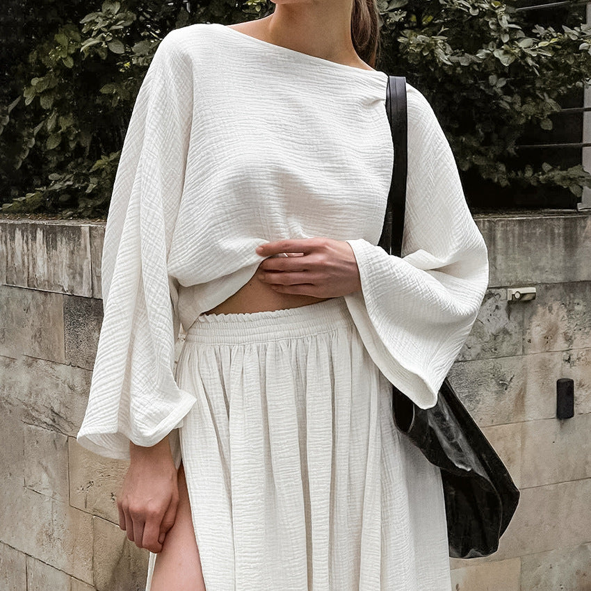 Cotton Round Neck Long Sleeves Short Top Slit Skirt Suit
