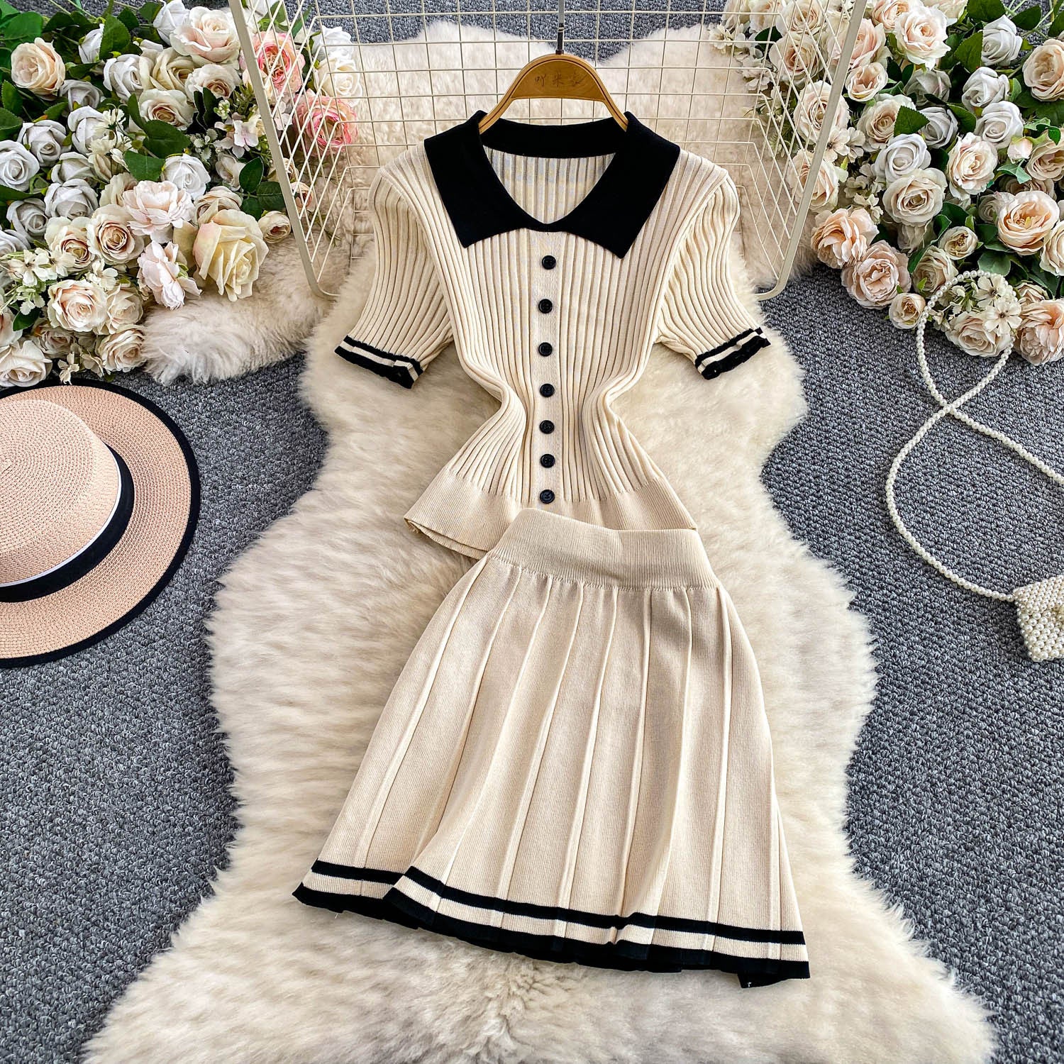 Contrast-color Button-front Top With A High-waisted Skirt