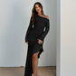 Wave Swing Slant Shoulder Elegant Waist Long Sleeve Dress