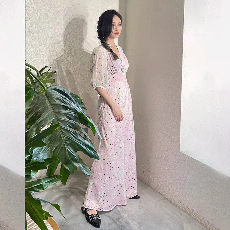 Elegant Spliced Printed Three-dimensional Flowers High Waist Long Dress