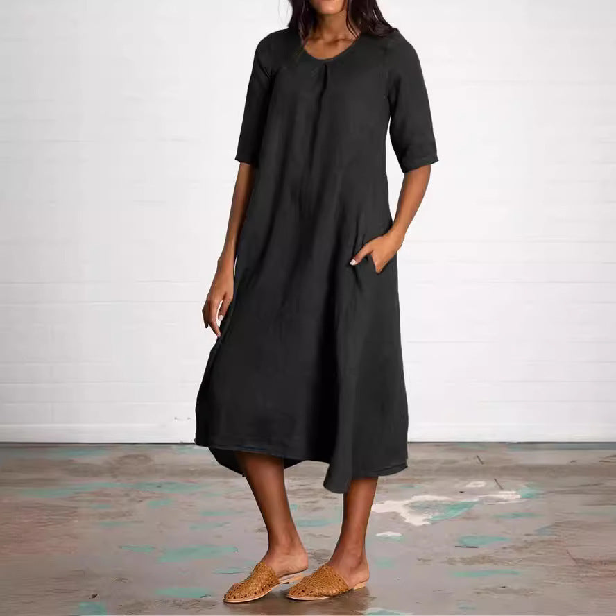 Round Neck Half Sleeve Long Solid Color Casual Cotton And Linen Dress