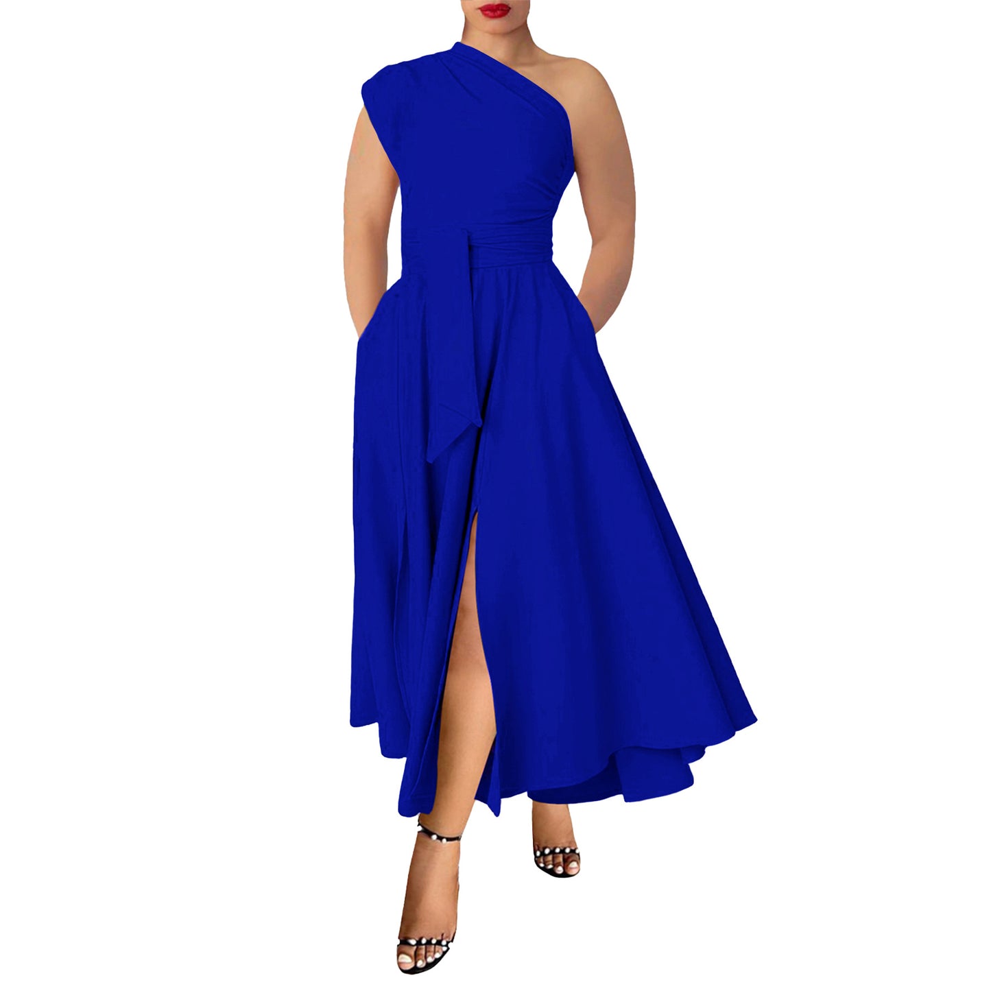 Womens Sleeveless Slash-Neck Solid Color Waist-Cinching Dress