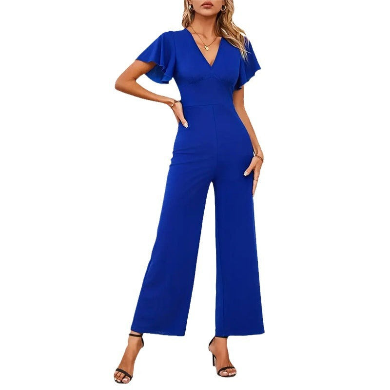 Lotus Leaf Flounced Sleeve Top Plus Straight-leg Pants Two-piece Set