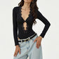 Autumn And Winter Black V-neck Lace-trimmed Twist Long-sleeved Hollow-out Design Slim-fit Bodysuit
