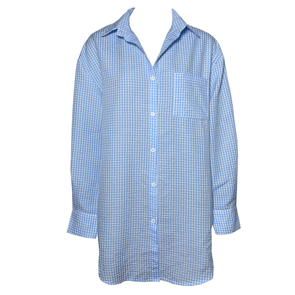 European And American Women's Lapel Shirt Autumn New Plaid Mid-length
