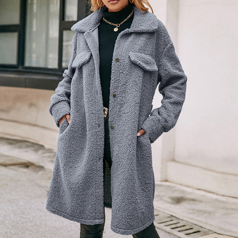 Trench-coat mi-long en peluche à simple boutonnage avec ceinture à revers