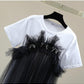 Mid-length Short-sleeved T-shirt Loose Slimming Contrast Color Beaded Bowknot Top