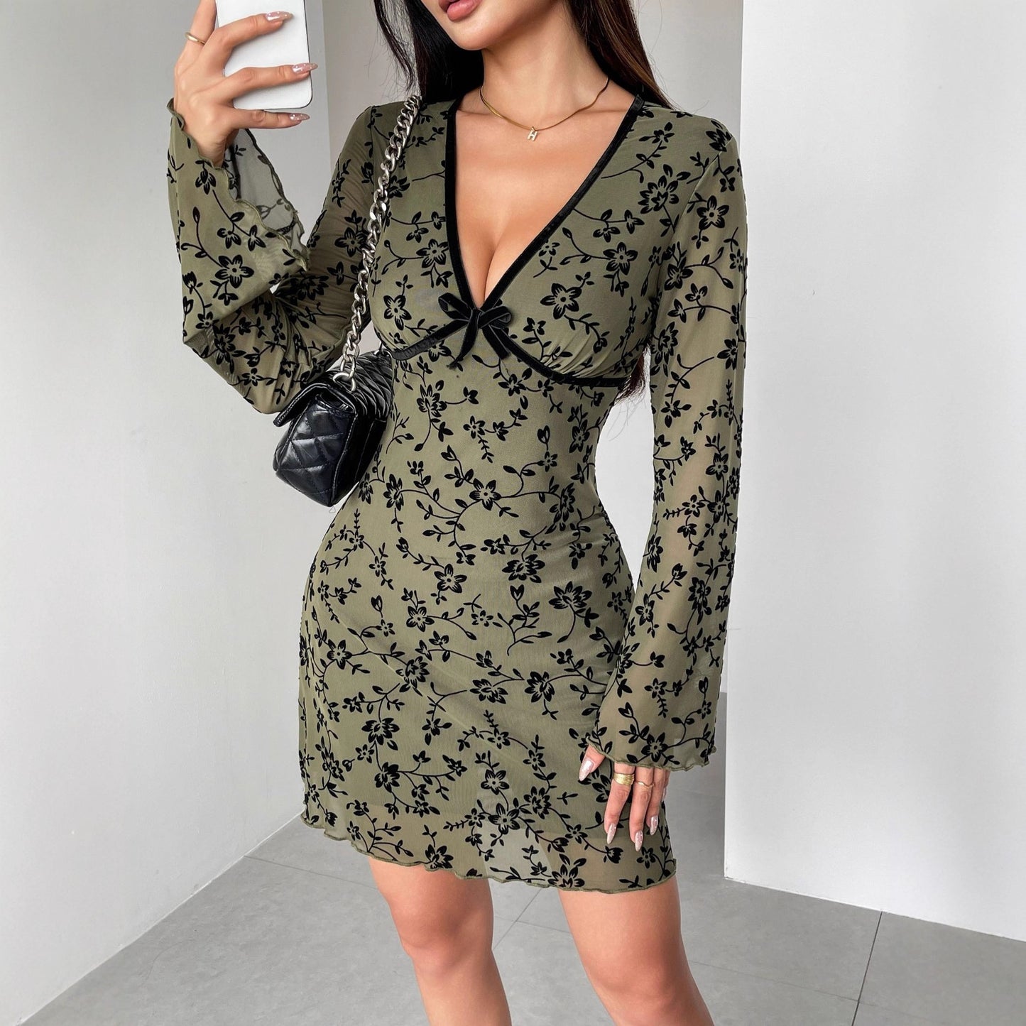 New Bell Sleeve Double-layer Mesh Flocking Large V-neck Dress