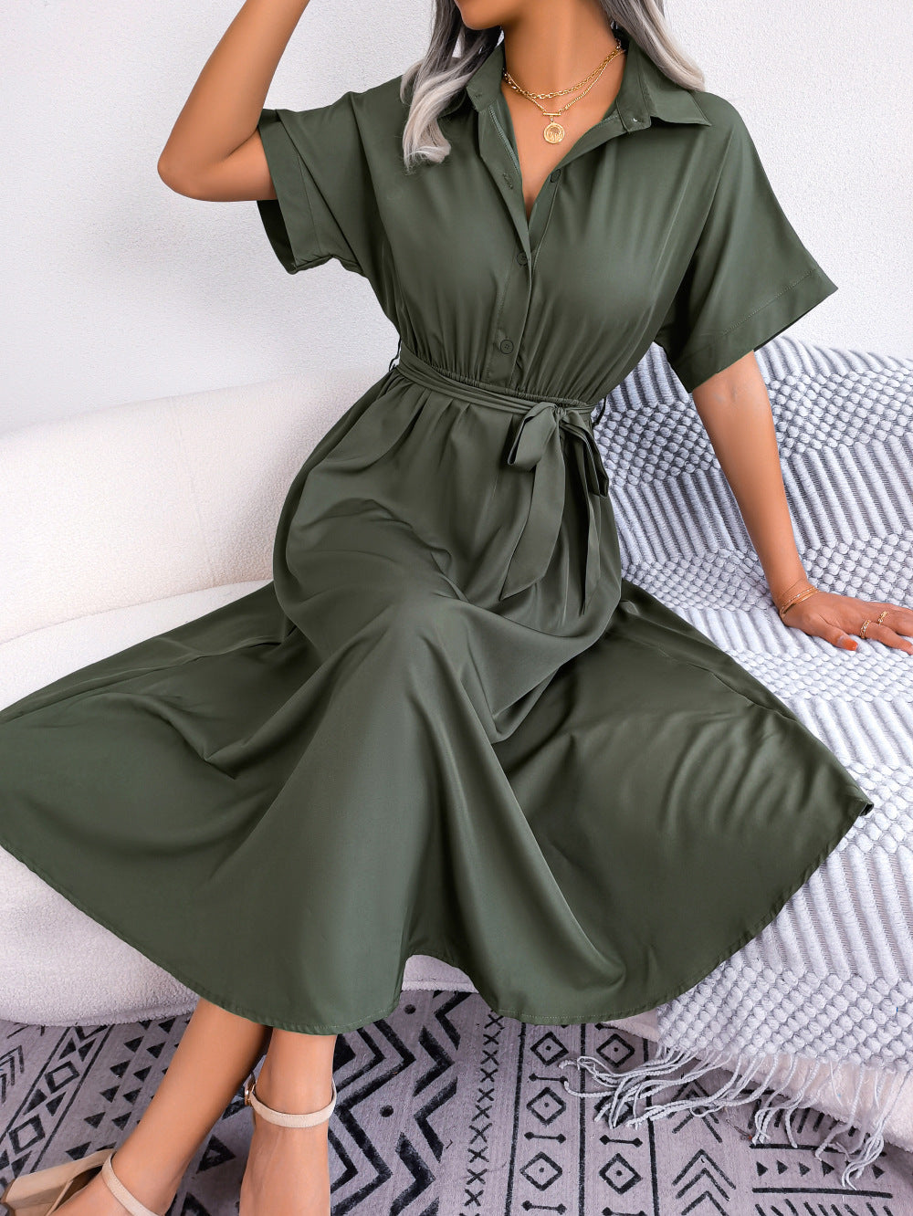 Robe chemise ample nouée de couleur pure, style européen et américain