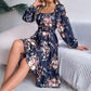 Elegant Flowers Square Collar Long Sleeve Waist Trimming Ruffles A- Line Skirt