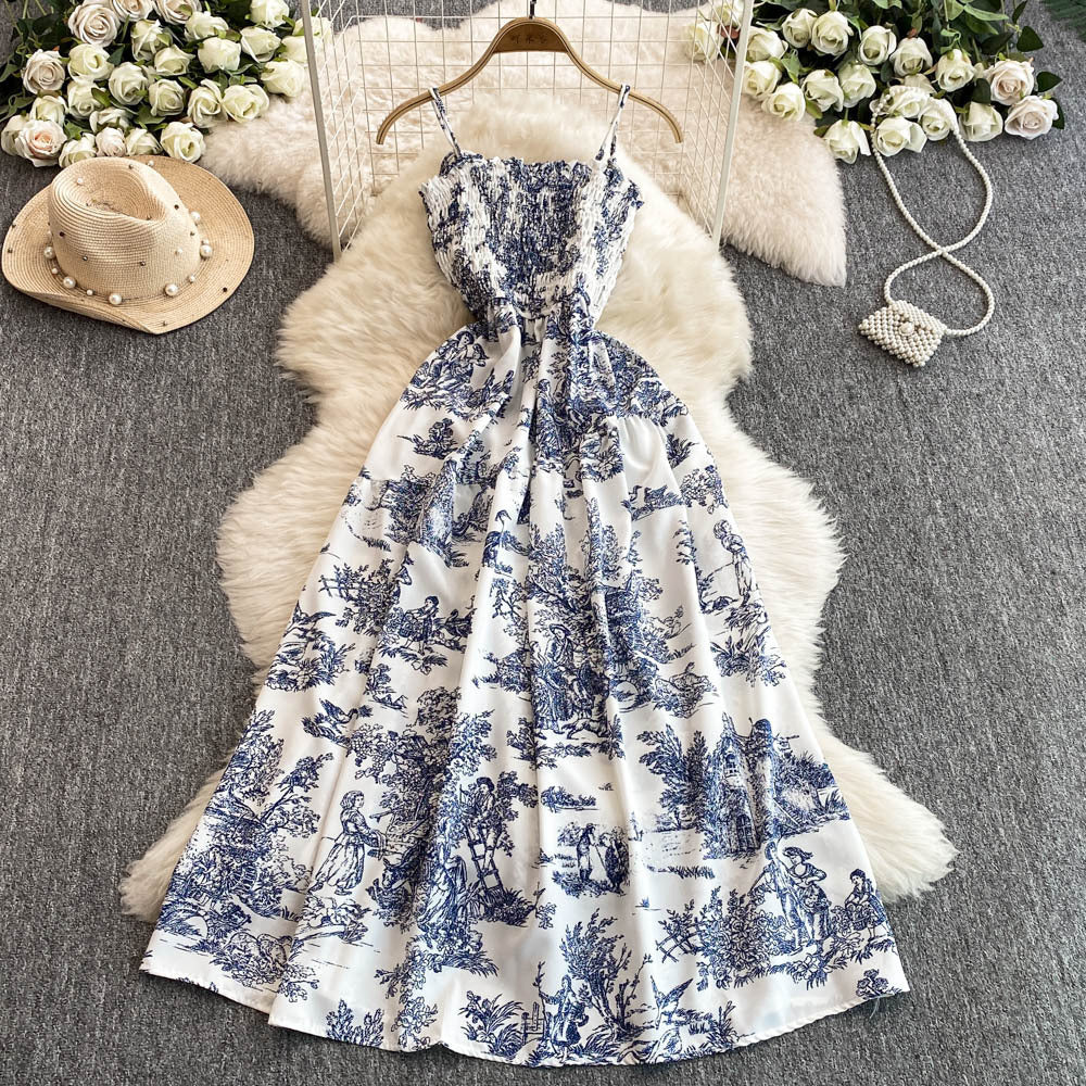 Womens Retro Chiffon Printed Backless Slip Dress
