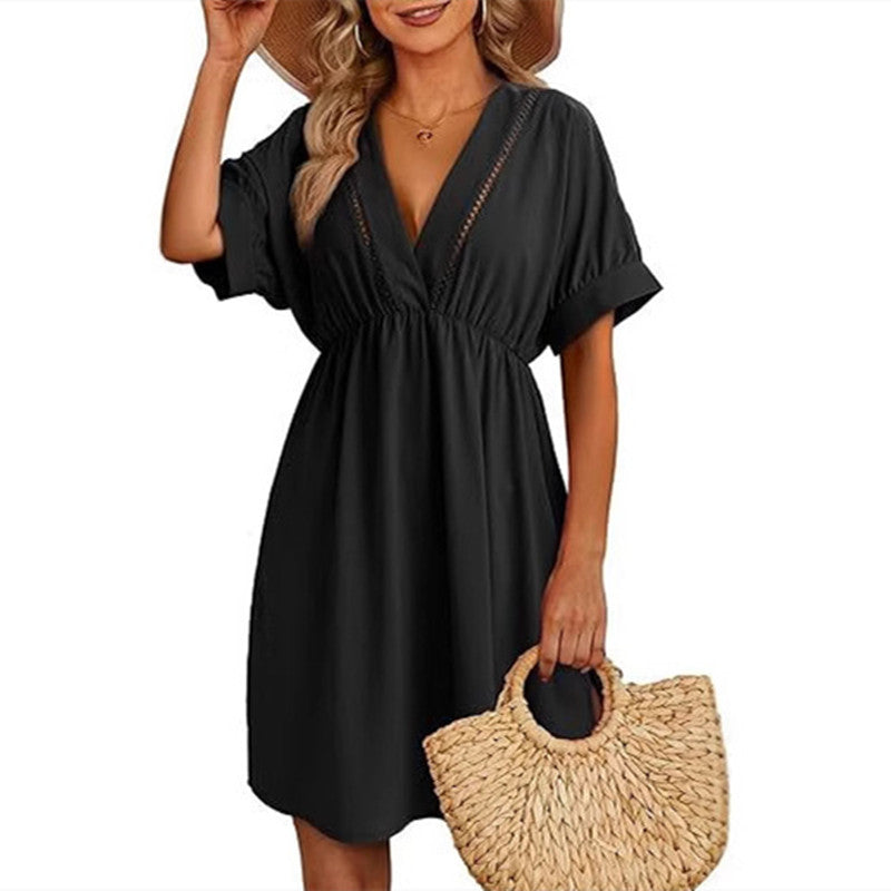 Chemisier de maillot de bain pour femme, robe à manches courtes et col en V ajouré