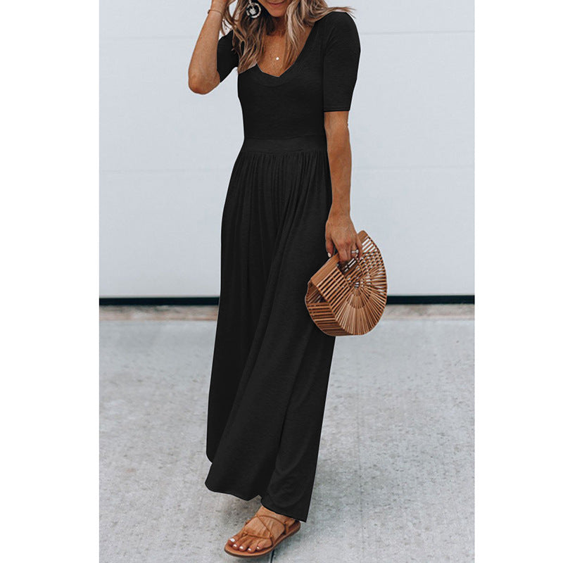 New Round Neck Short Sleeve Long Jumpsuit