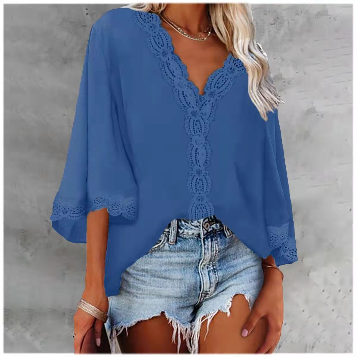 Ladies Bell Sleeve V Neck Lace Shirt