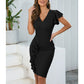 V-neck Pleated Elegant Office Lady Sheath Skirt Dress