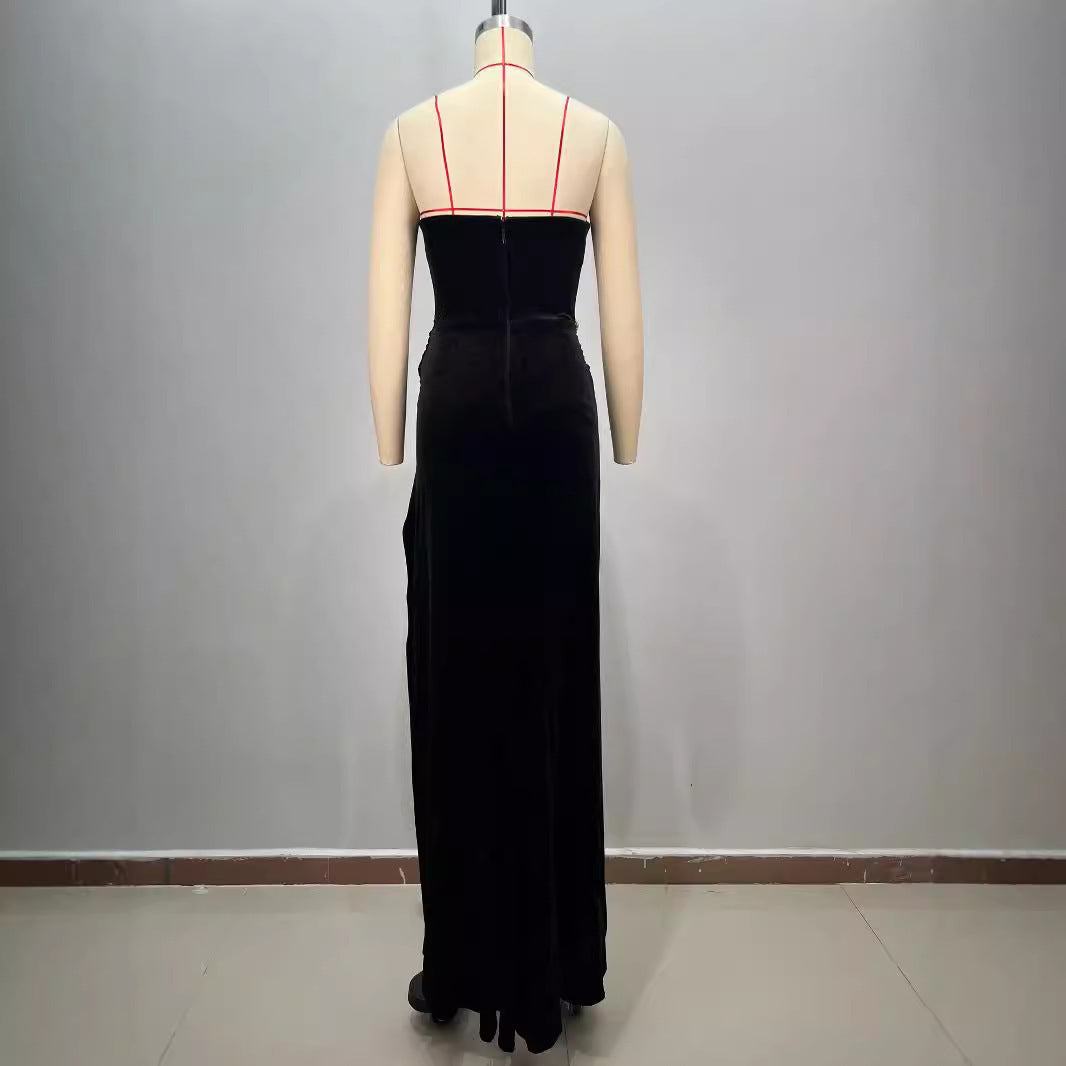 Women's Black Bandeau Slim-fit Drilling Long Dress