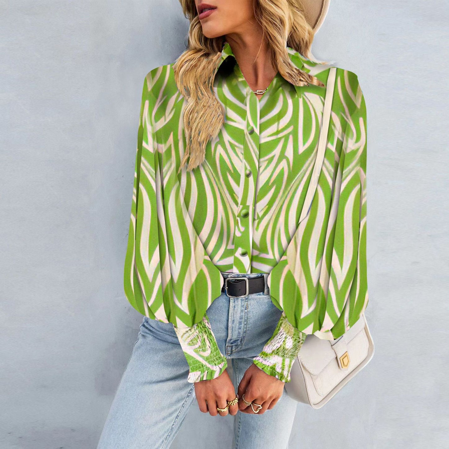 Women's Fashion Printed Long Sleeve Lapel Bishop Sleeves Top