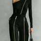Crew-neck Long-sleeve Knit Two-way-zipper Wide-leg Pants Set