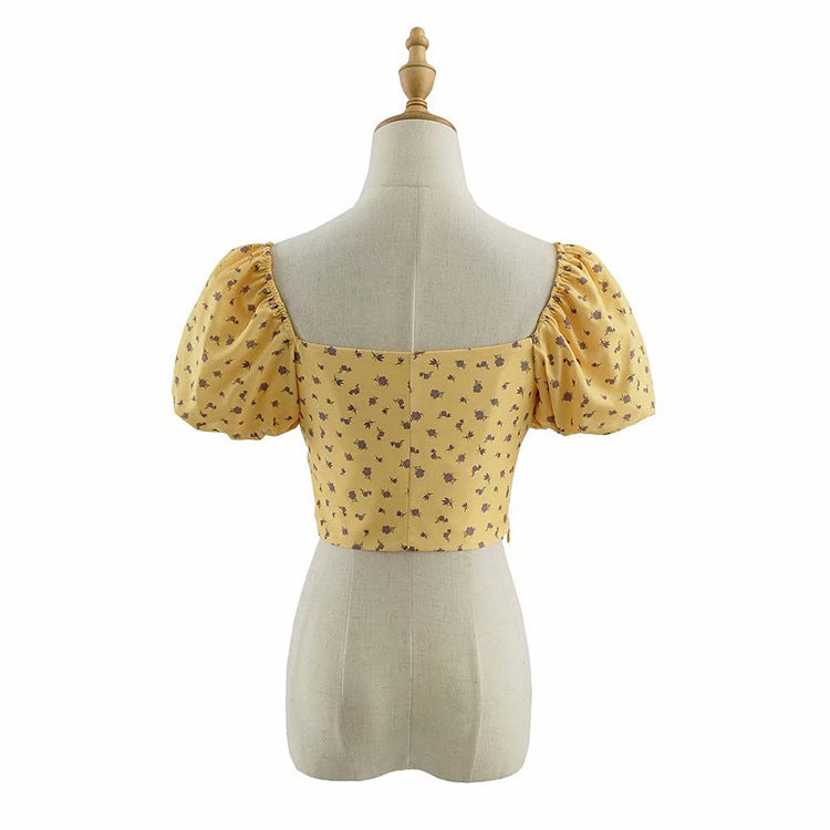 Puff Sleeve Princess Wind Floral Square Neck Sweet And T-shirt