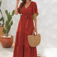 Robe d'été à manches courtes et col en V, design boule de fourrure, taille haute nouée, longue
