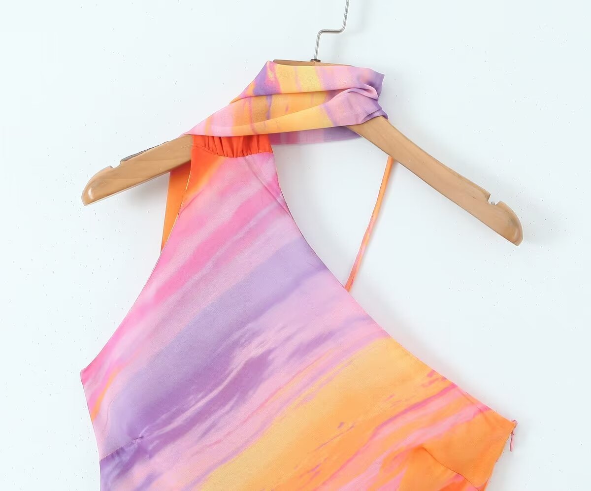 European And American Style Women's French Gradient Color Asymmetric Halter Slim Fit Backless Jumpsuit Skirt