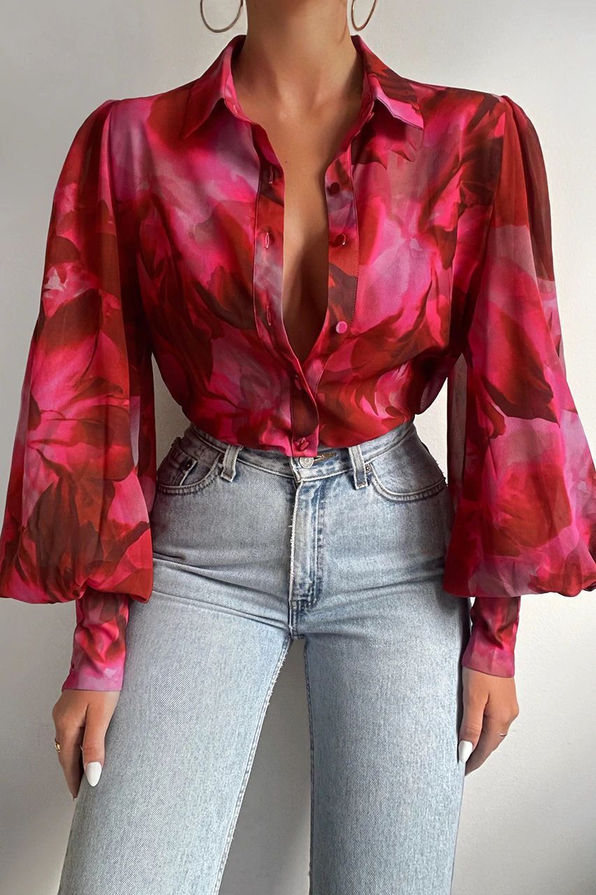 Long Sleeve Lapel Cardigan Single-breasted Solid Color Half-length Lantern Sleeve Temperament Commute Red Shirt
