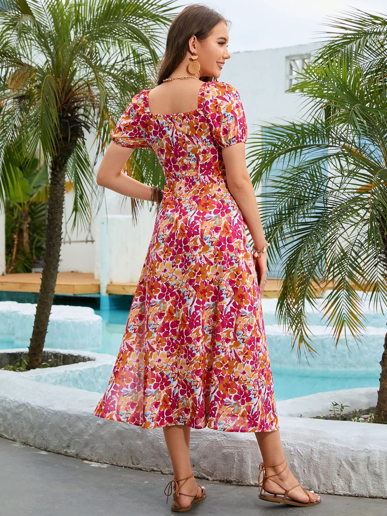Robe à imprimé français à manches bouffantes et col carré pour les fêtes européennes et américaines