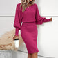 European And American Temperament Crew Neck Long Sleeve Solid Color Waist Tight Slimming Knitted Hip Skirt
